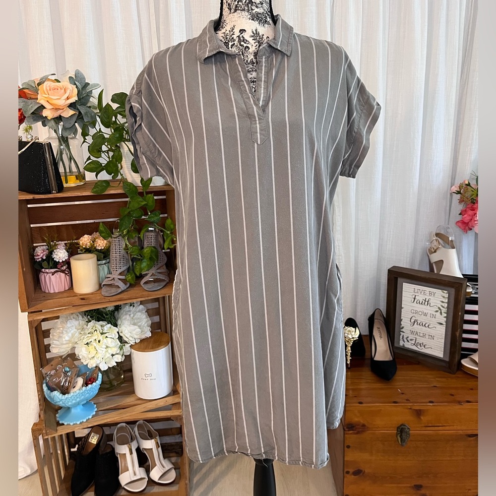 Blue Rain Gray Collared Striped Shirt Dress